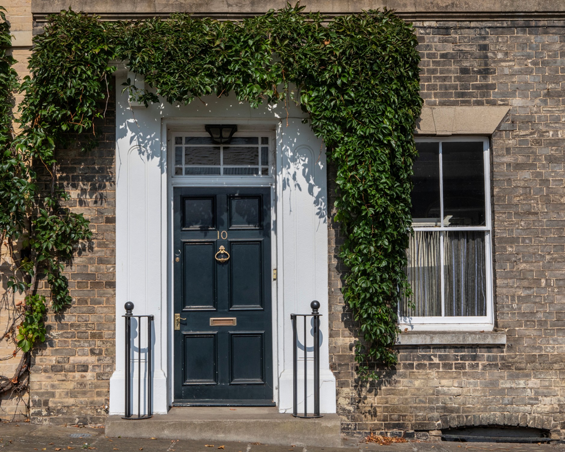 Dark blue front door with a brass knocker and the number 10, set within a white doorway on a weathered brick townhouse. Lush green climbing vines frame the entrance and trail across the top of the façade, while a large sash window with curtains sits to the right. Black metal railings flank the doorway, and sunlight casts dappled shadows across the brickwork.