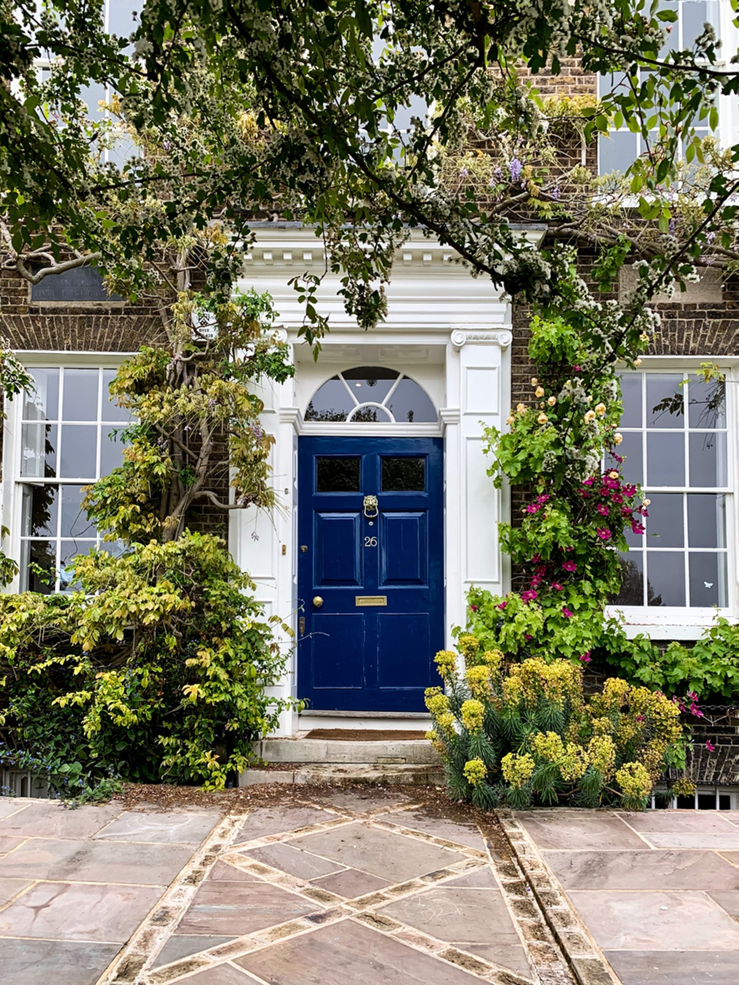 Traditional townhouse entrance with a deep blue front door set within a white classical doorway, surrounded by lush climbing vines, flowering plants, and leafy greenery. Large sash windows flank the entrance, while overhanging tree branches frame the scene above and a patterned stone walkway leads to the front steps.