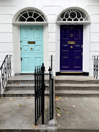 Two neighboring townhouse entrances with contrasting front doors—one light turquoise and one deep navy blue—set beneath arched fanlight windows. Each door is reached by a short set of stone steps, with black iron railings and a central black fence dividing the entrances. The white stucco façade and symmetrical design highlight the colorful doors.